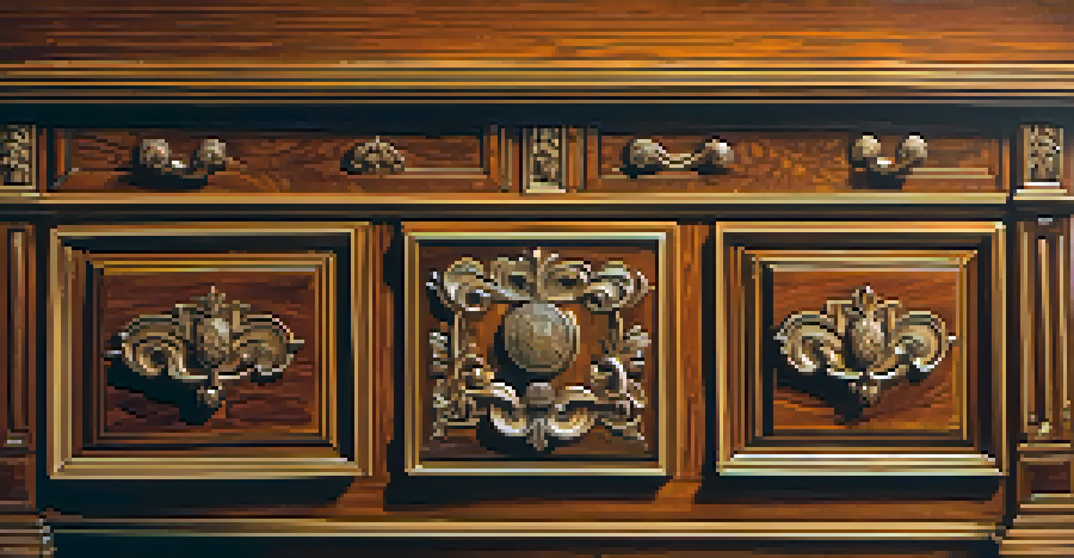 A close-up of an 18th-century vintage piece of furniture displayed in a museum, showcasing detailed craftsmanship.