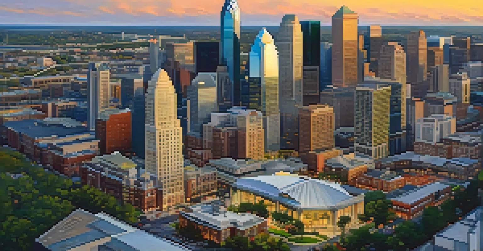 A vibrant aerial view of modern Charlotte's skyline at sunset, featuring skyscrapers and urban parks with people.