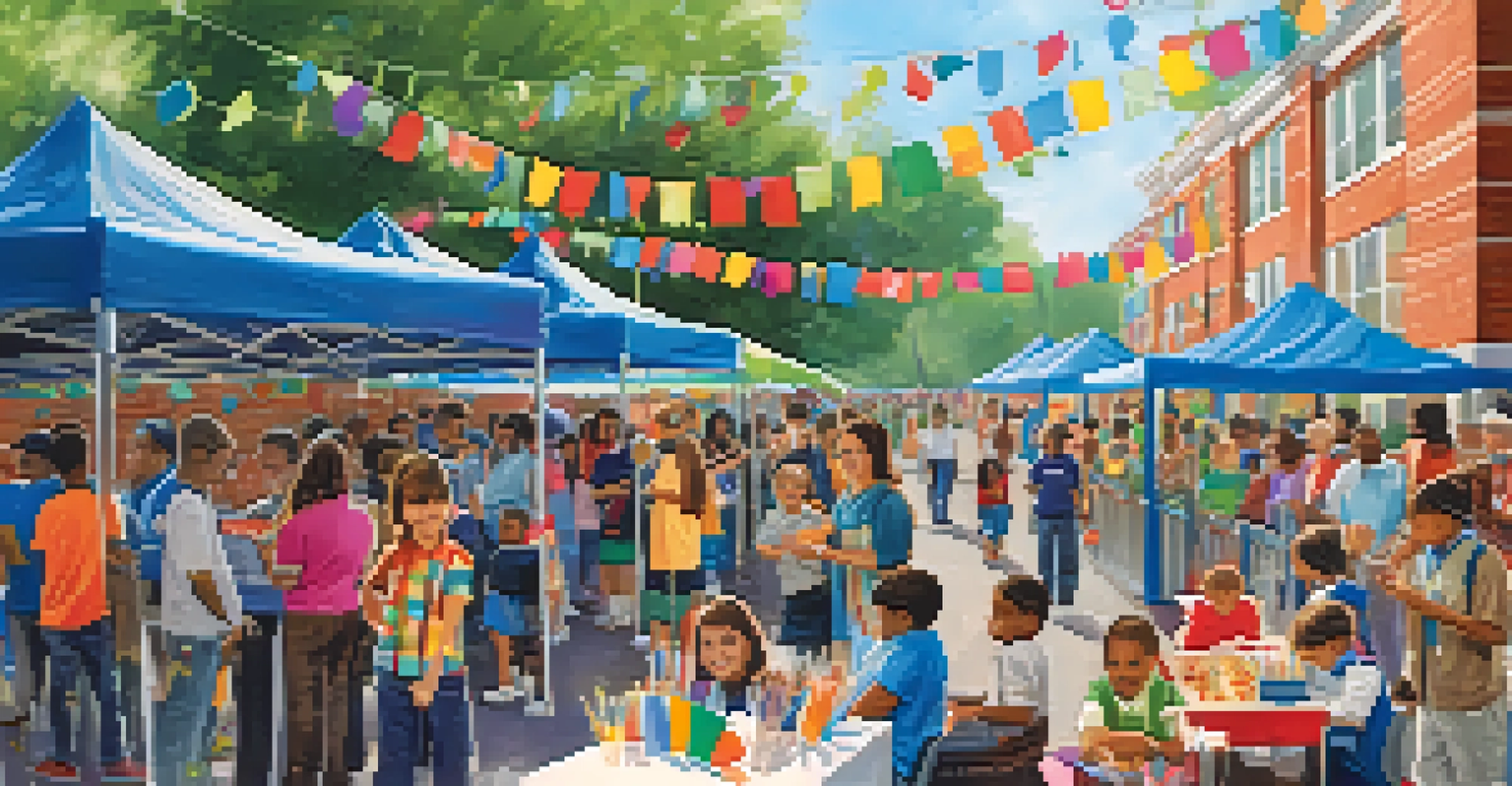 A lively community event at a public school with parents, teachers, and children engaging in activities.