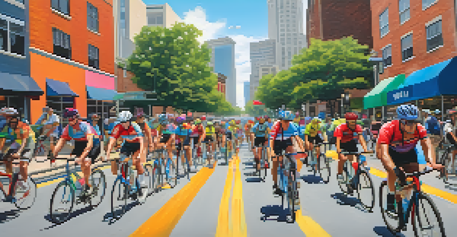 A lively group of cyclists participating in a ride event in Charlotte, surrounded by urban art and local businesses.