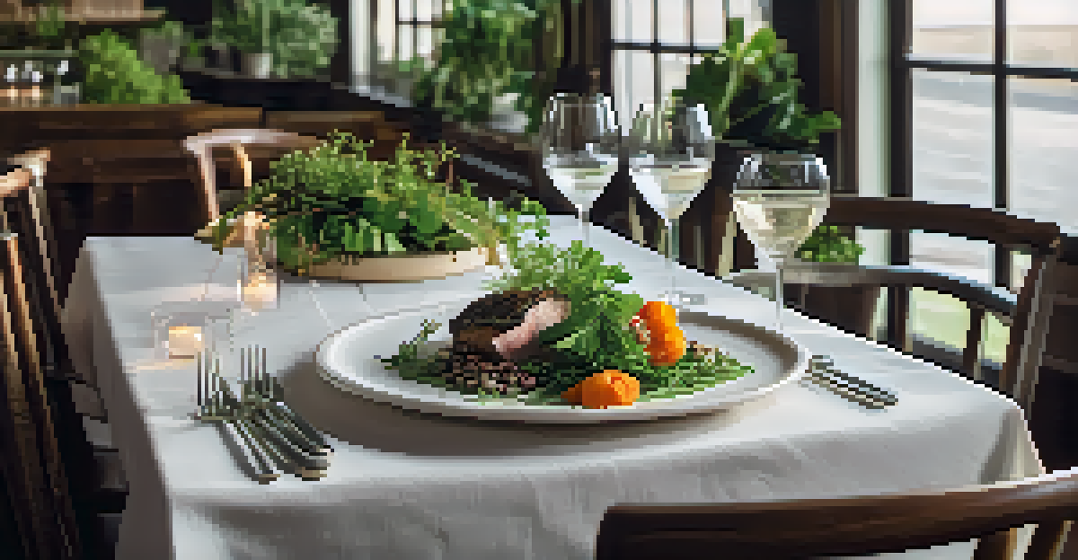 An elegant farm-to-table dining setting with a beautifully plated dish made of fresh vegetables and herbs, surrounded by warm lighting.