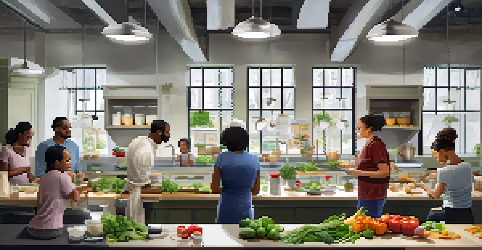 A diverse group of participants in a modern kitchen, attending a nutrition workshop and learning to prepare healthy meals with a friendly instructor.
