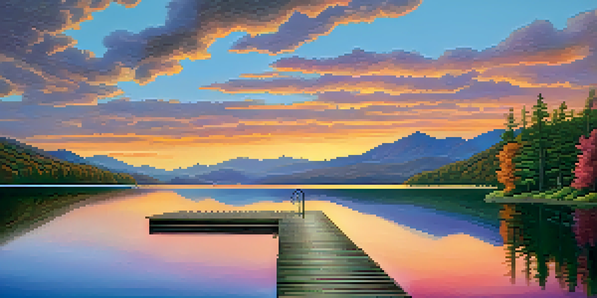 A sunset view over the Blue Ridge Mountains with a calm lake reflecting the colors and a wooden dock in the foreground.