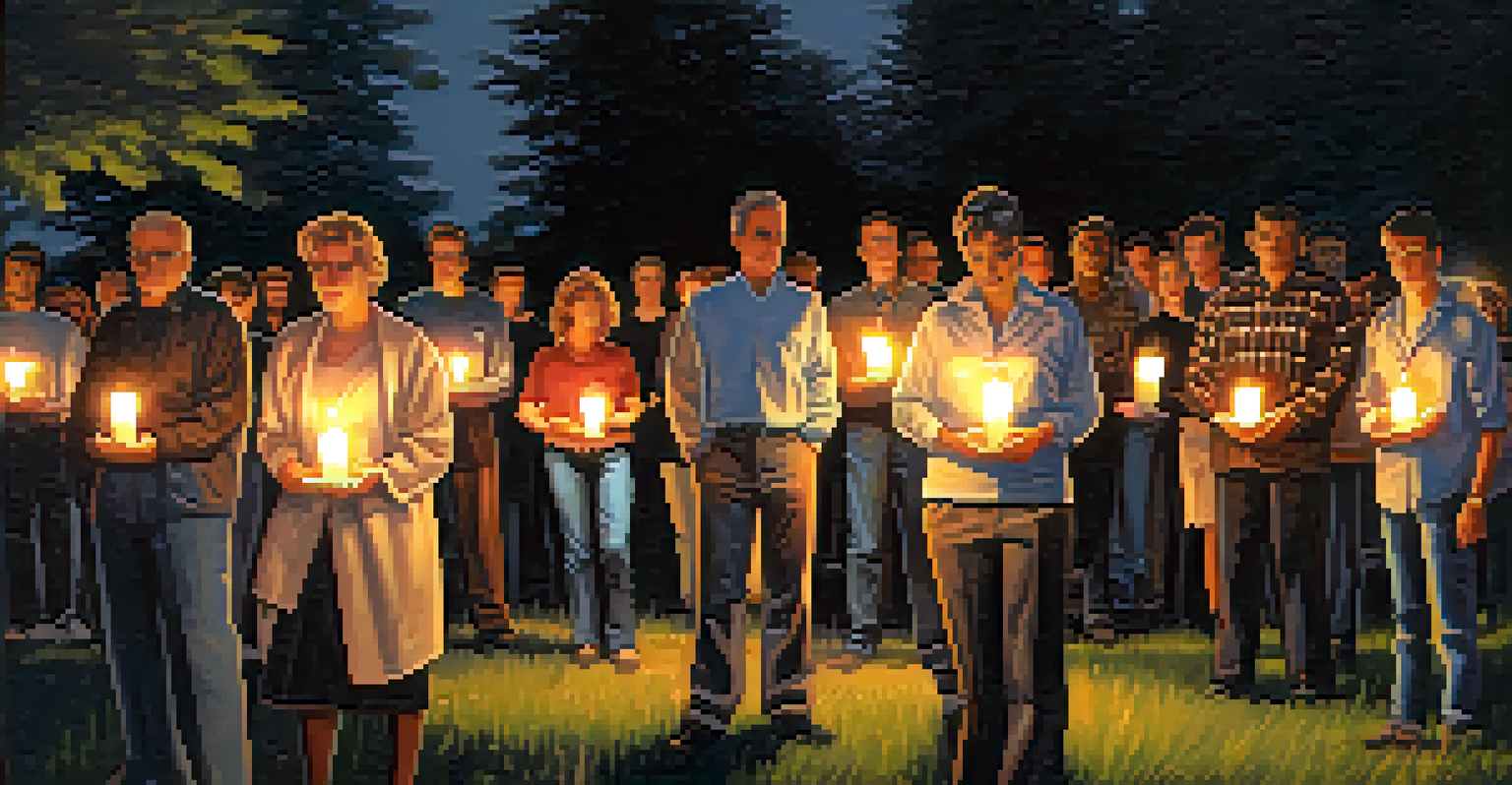 A solemn candlelight vigil in Charlotte during the 1980s AIDS crisis, featuring individuals holding candles in a park with a backdrop of trees and flowers.