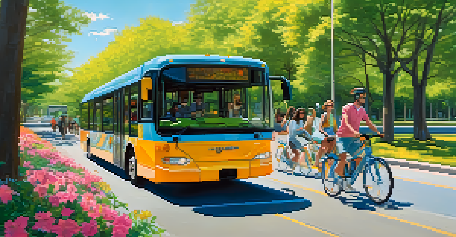 An electric bus navigating a scenic route in Charlotte with lush greenery and young adults using bicycles in the foreground.