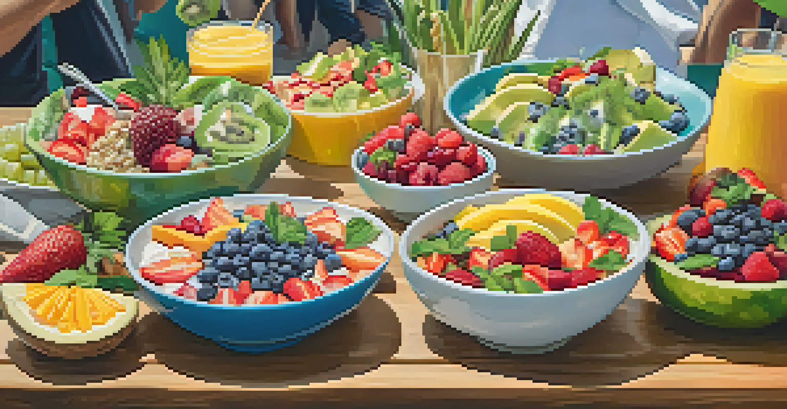 A colorful array of healthy food options displayed at a festival, including smoothie bowls and fresh fruits on a wooden table.