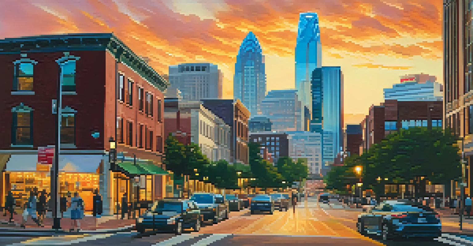 A lively skyline of Uptown Charlotte with skyscrapers and historic buildings at sunset, filled with people and outdoor spaces.