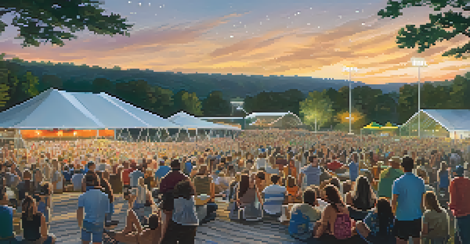 A vibrant outdoor concert scene at the U.S. National Whitewater Center, with people enjoying music and nature under a starry sky.