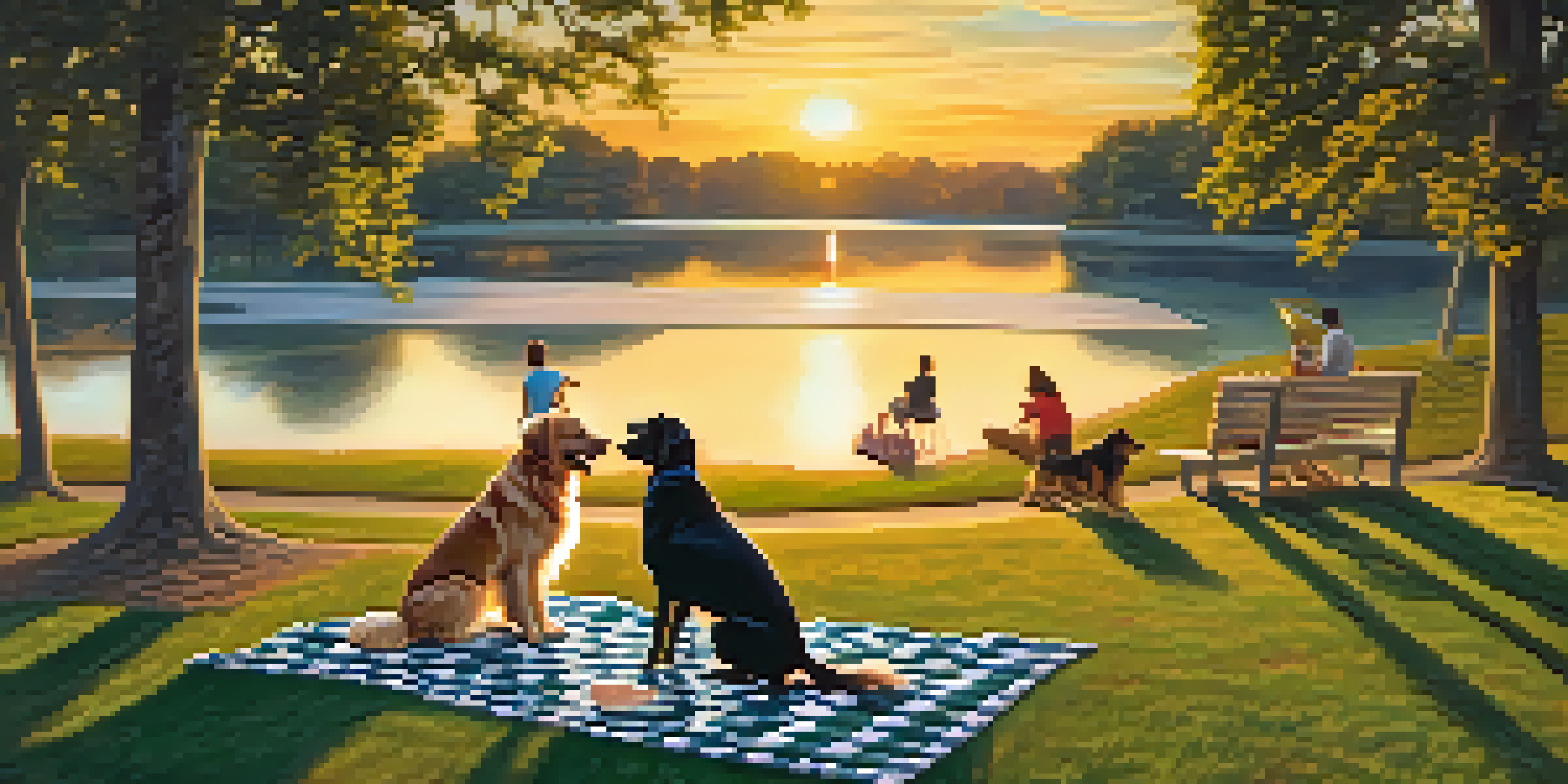 A sunset view of Freedom Park with a golden retriever running and a couple having a picnic on the grass.