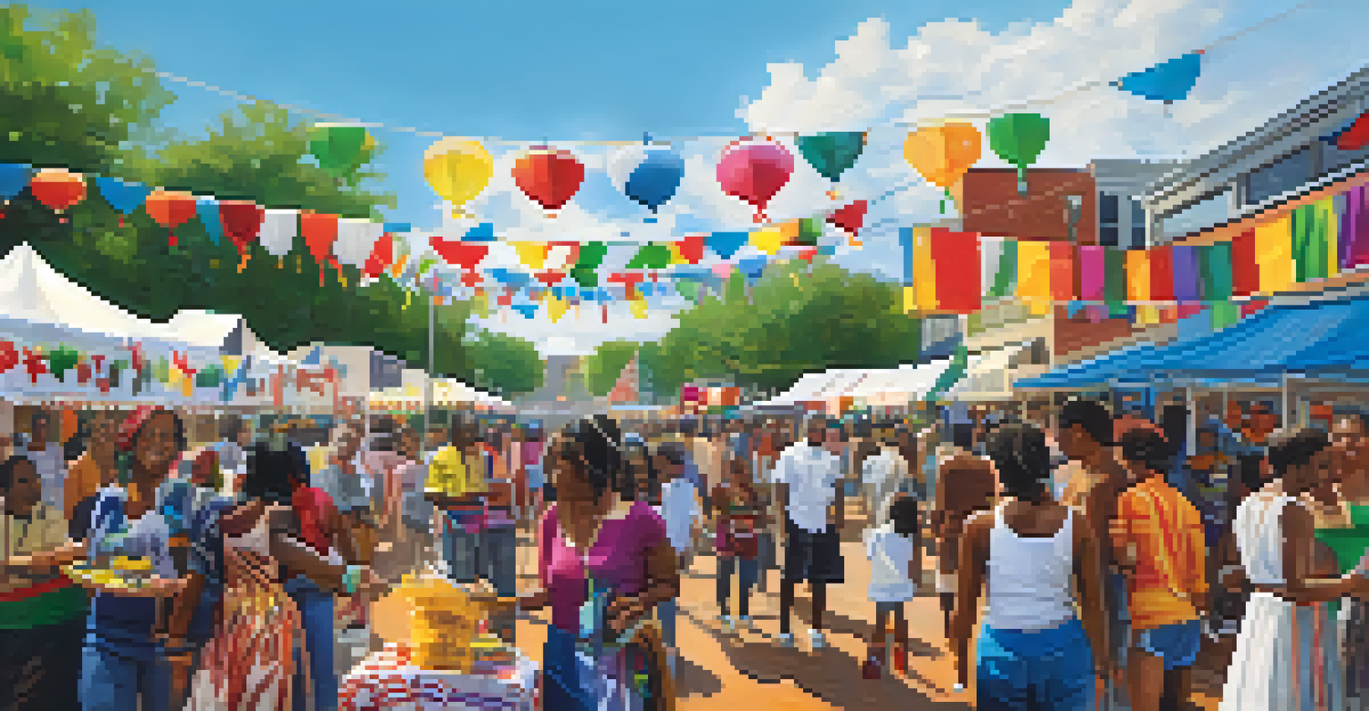 A lively community festival in Charlotte with diverse cultural stalls, people enjoying food, music, and dance.
