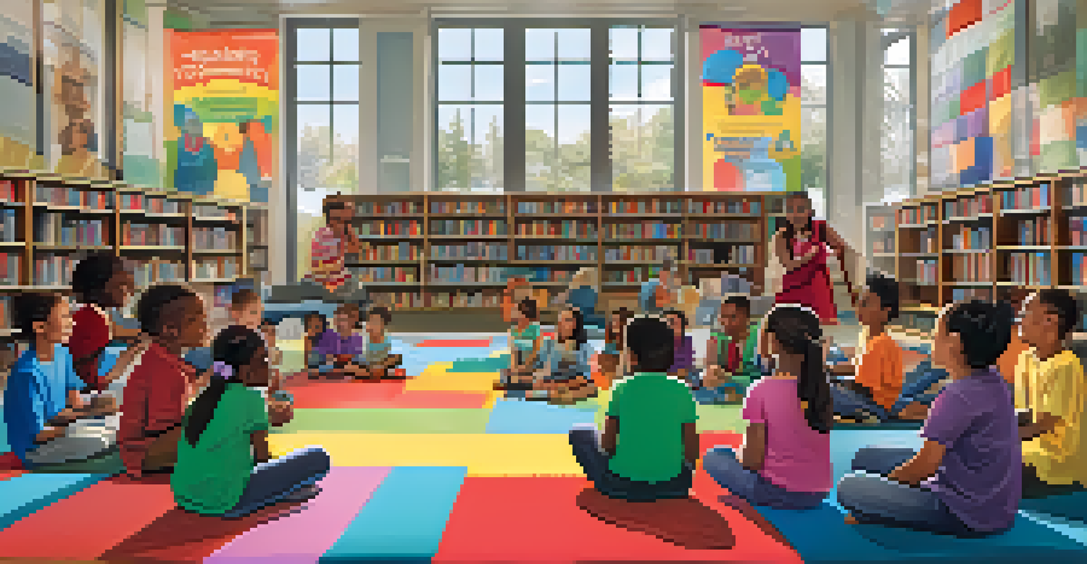 A lively library storytelling session with children engaged and a storyteller animatedly reading. Colorful decorations are visible.