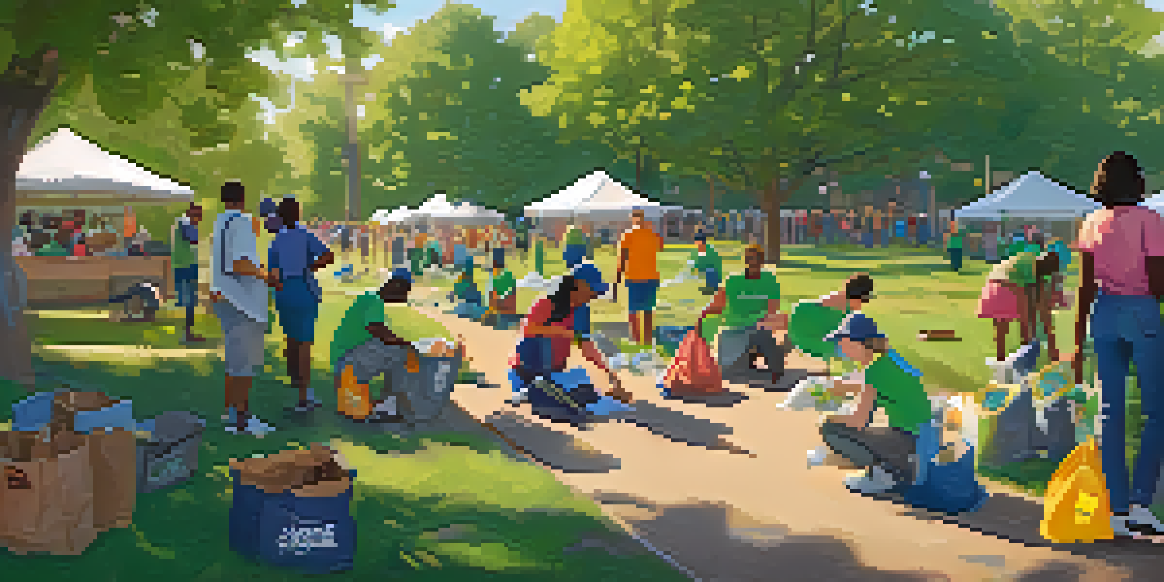Volunteers engaging in a community clean-up event in a park, surrounded by trees and flowers, with warm sunlight creating a friendly atmosphere.