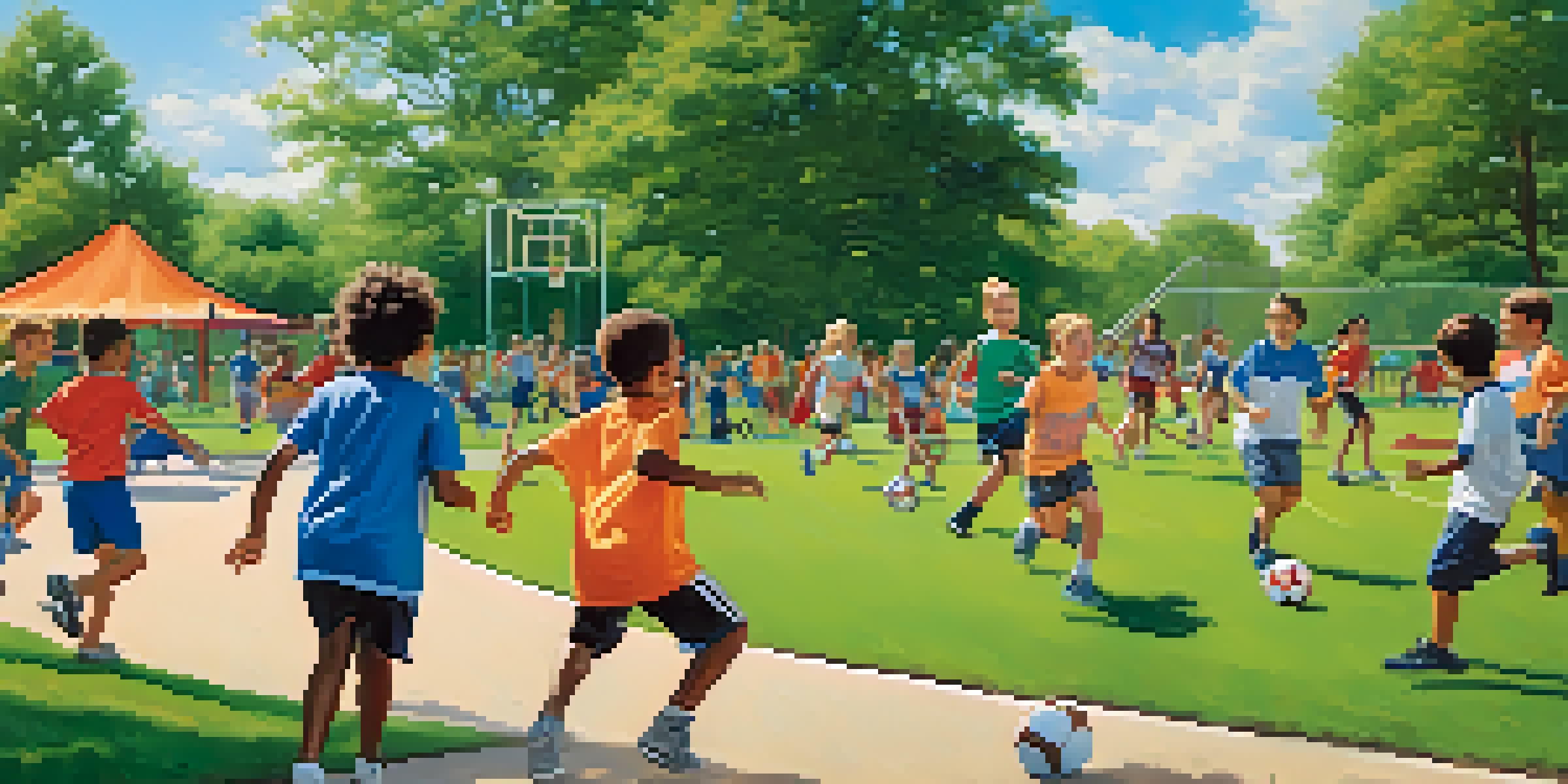 Children actively participating in different sports in a sunny park, highlighting teamwork and joy.