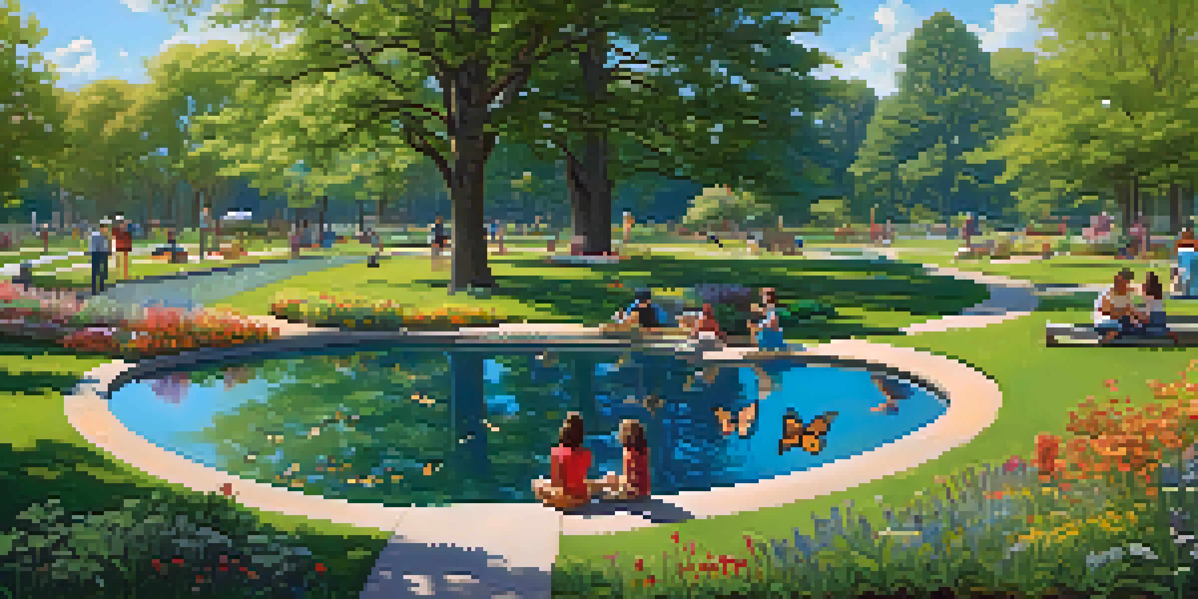 A lively park in Charlotte filled with native plants and flowers, where a family enjoys a picnic near a shimmering pond under a clear blue sky.
