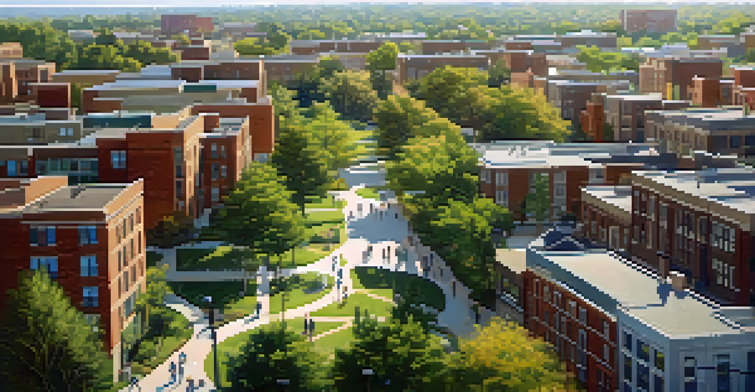 An aerial view of University City in Charlotte, showing a mix of homes, commercial buildings, and greenery with students.