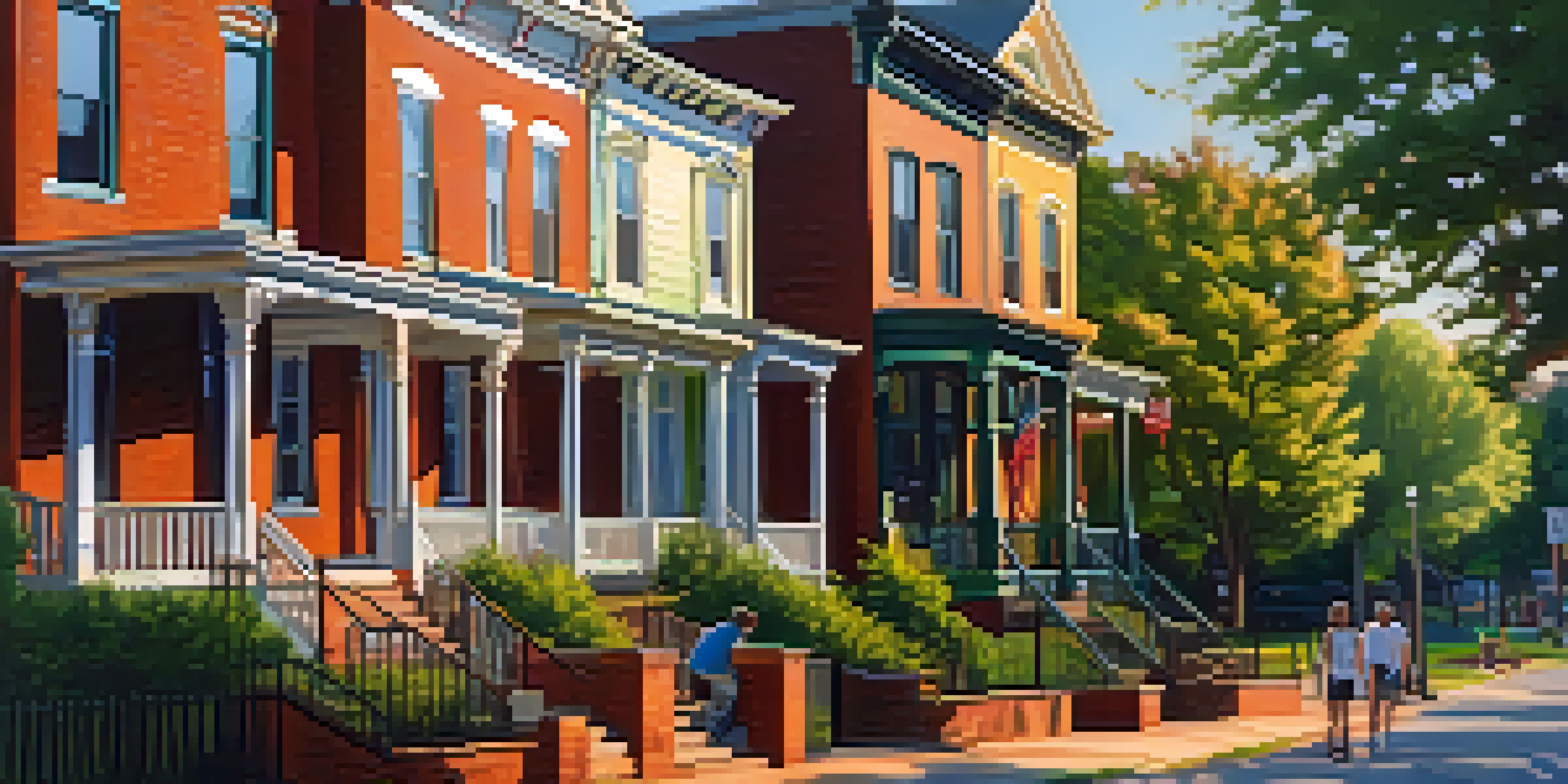 A scenic view of the historic Fourth Ward in Charlotte, featuring colorful Victorian homes and green trees during sunset.