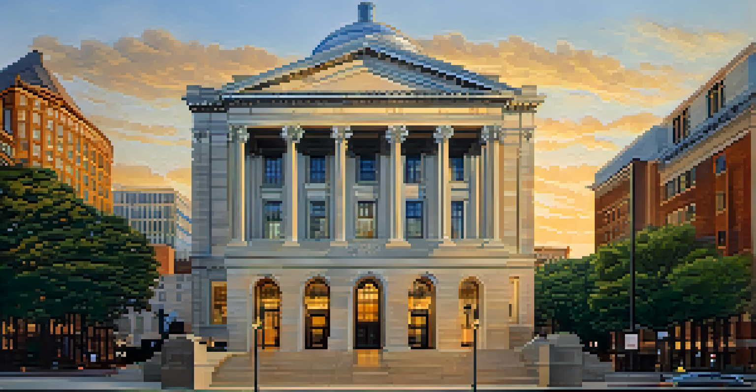Exterior view of the Old Courthouse in Charlotte, showcasing its classic architecture against a backdrop of modern skyscrapers during sunset.