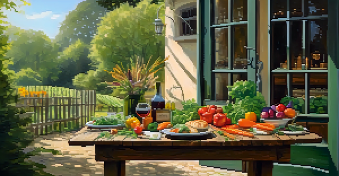 A rustic wooden table set outdoors with an array of fresh vegetables, artisanal bread, and a bottle of local wine, surrounded by greenery and sunlight.