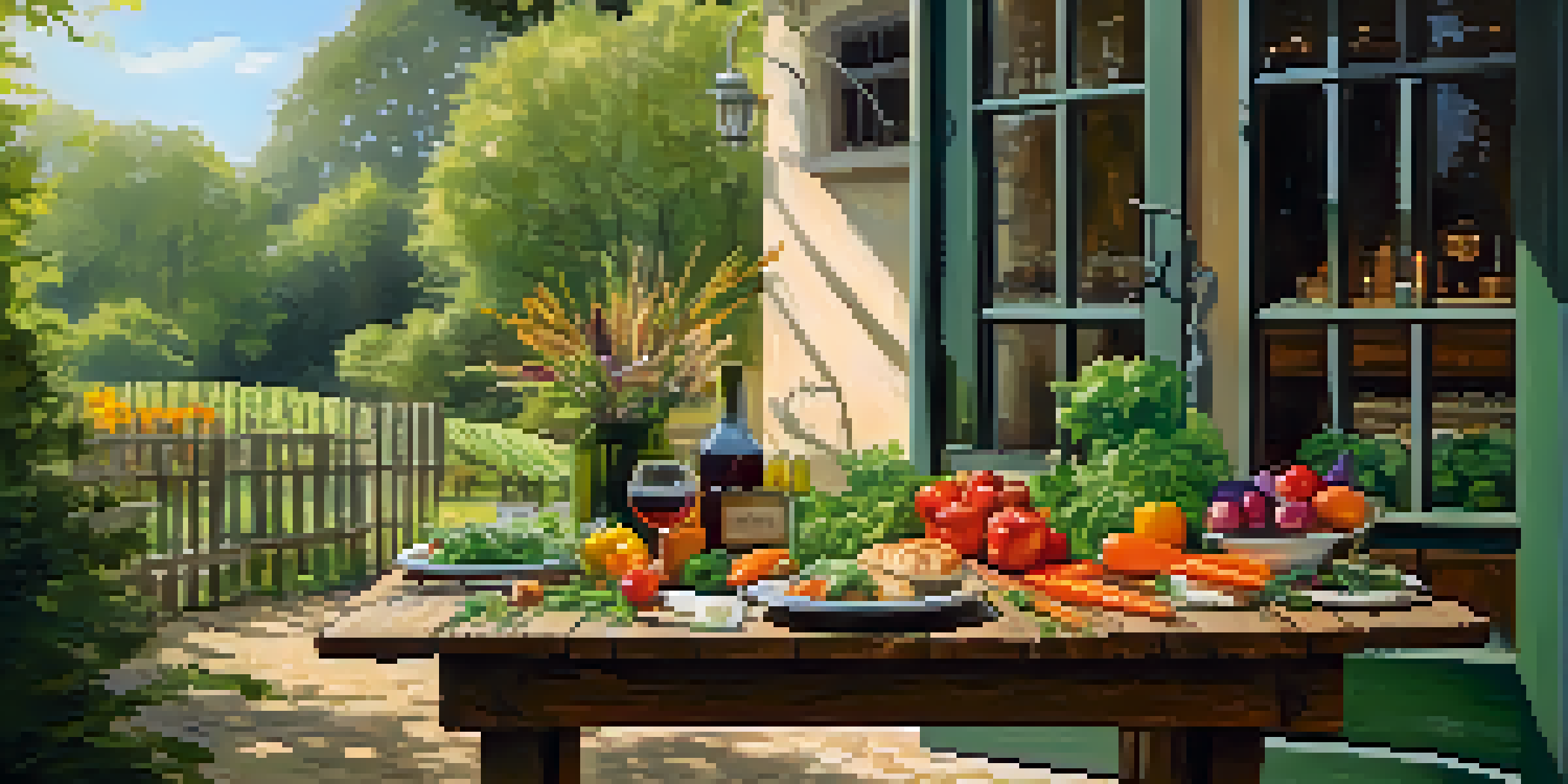 A rustic wooden table set outdoors with an array of fresh vegetables, artisanal bread, and a bottle of local wine, surrounded by greenery and sunlight.