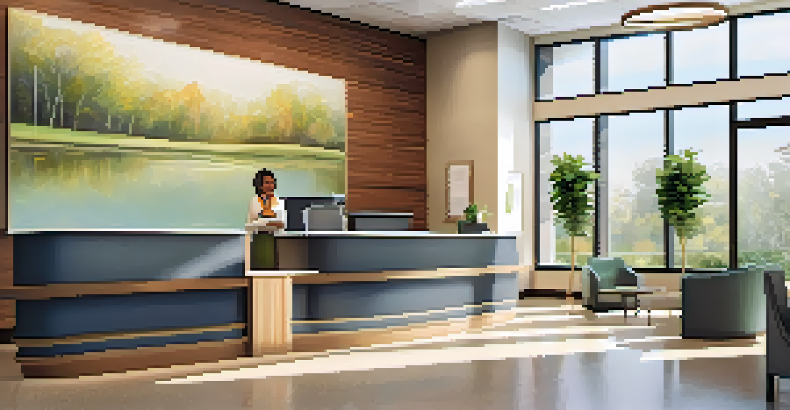 A warm and inviting reception area of a mental health facility, with friendly staff and comforting decor, creating a welcoming environment.
