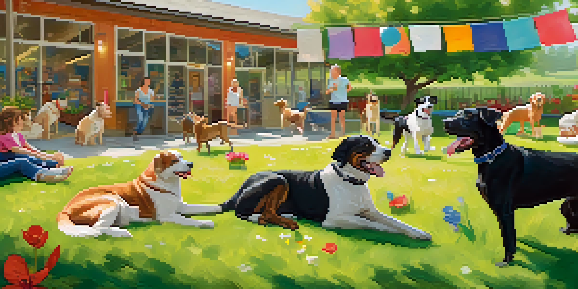 A sunny outdoor scene at a no-kill animal shelter with dogs and cats playing, volunteers interacting with them, and colorful adoption banners.
