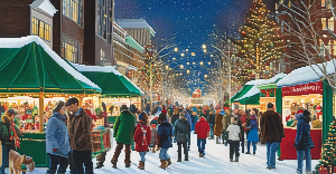 A lively Christmas market in Charlotte, filled with lights, decorations, and families enjoying the festive spirit.