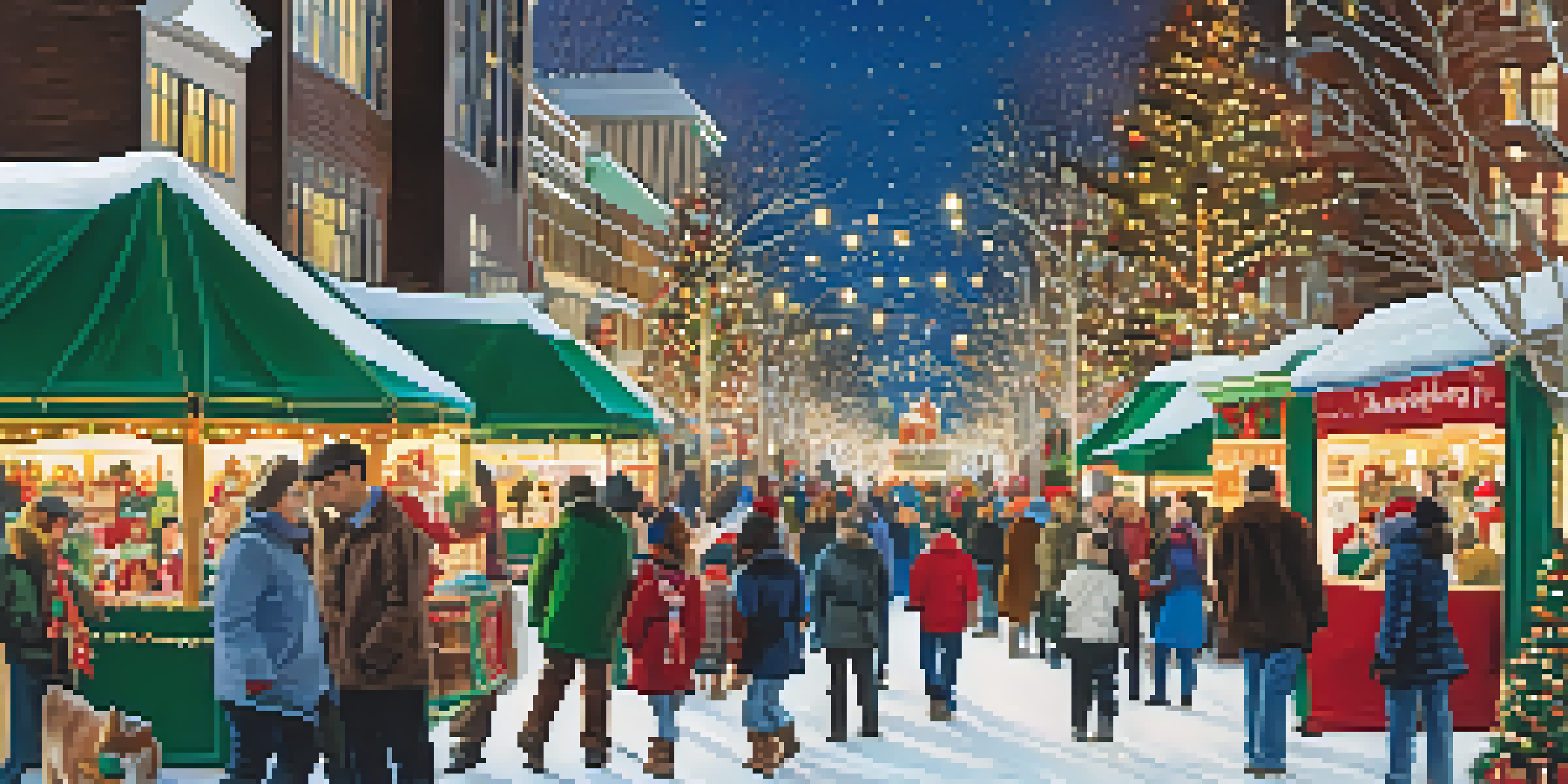 A lively Christmas market in Charlotte, filled with lights, decorations, and families enjoying the festive spirit.