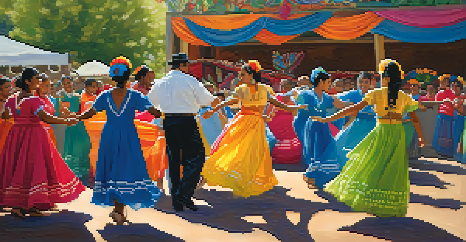 Participants in colorful costumes dancing at the Latin American Festival in Charlotte, with a lively stage and an enthusiastic audience enjoying the cultural celebration.