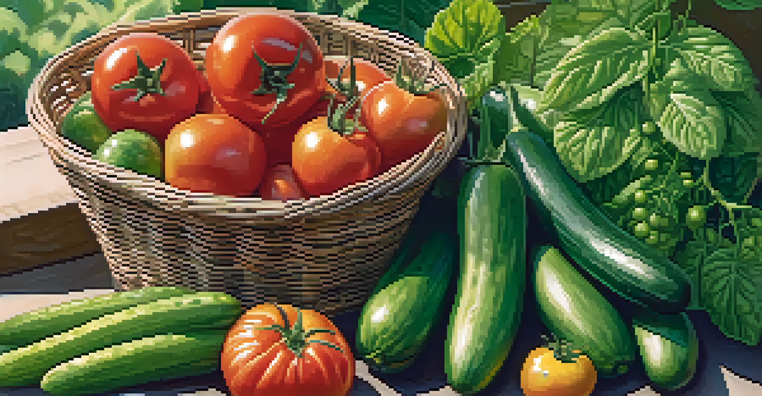 A basket filled with freshly harvested vegetables from a community garden, set against a backdrop of thriving plants.