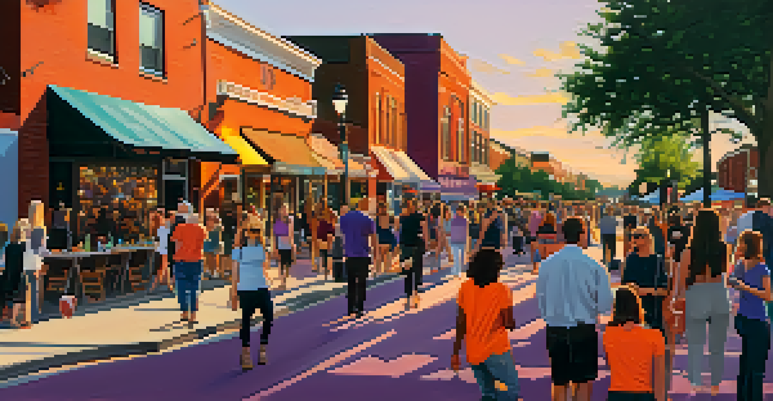 An outdoor art walk in Charlotte's South End, with people enjoying art and live music at sunset.