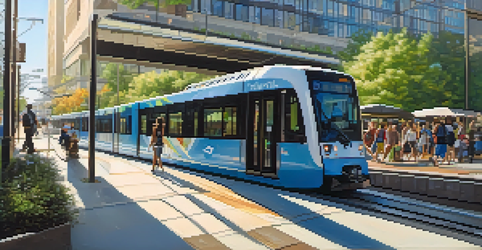 A modern light rail station in Charlotte with diverse commuters waiting for the Lynx train, surrounded by greenery and bike lanes under a clear blue sky.