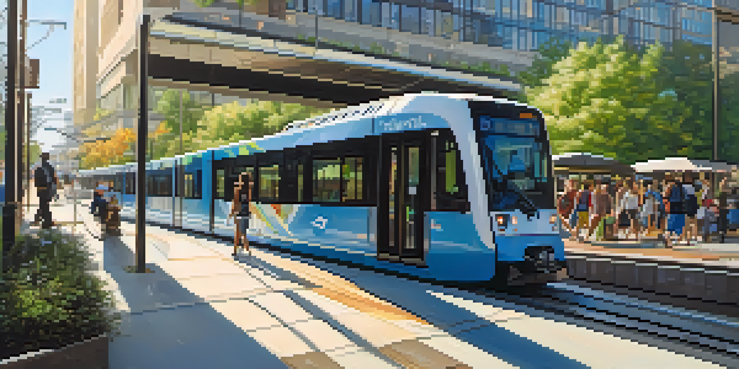 A modern light rail station in Charlotte with diverse commuters waiting for the Lynx train, surrounded by greenery and bike lanes under a clear blue sky.