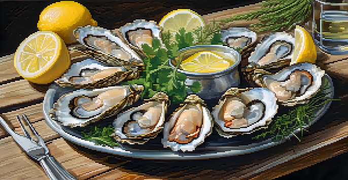 A vibrant seafood platter with fresh oysters, shrimp, and crab on a wooden table, accompanied by a glass of white wine.