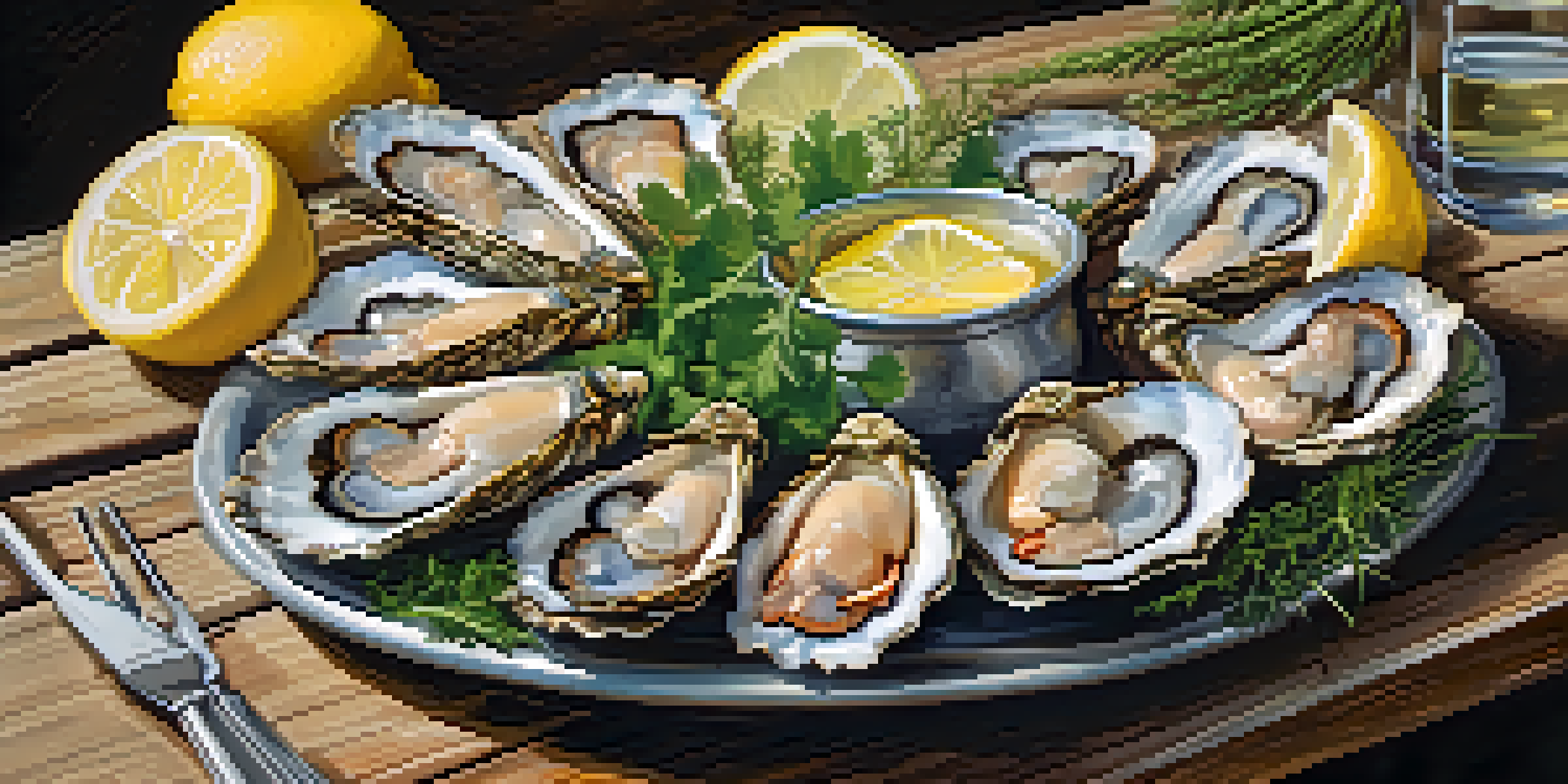 A vibrant seafood platter with fresh oysters, shrimp, and crab on a wooden table, accompanied by a glass of white wine.