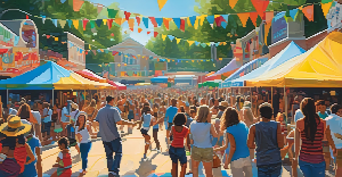 A lively outdoor music festival in Charlotte, North Carolina, with diverse attendees dancing, food trucks, and local artists performing on stage.