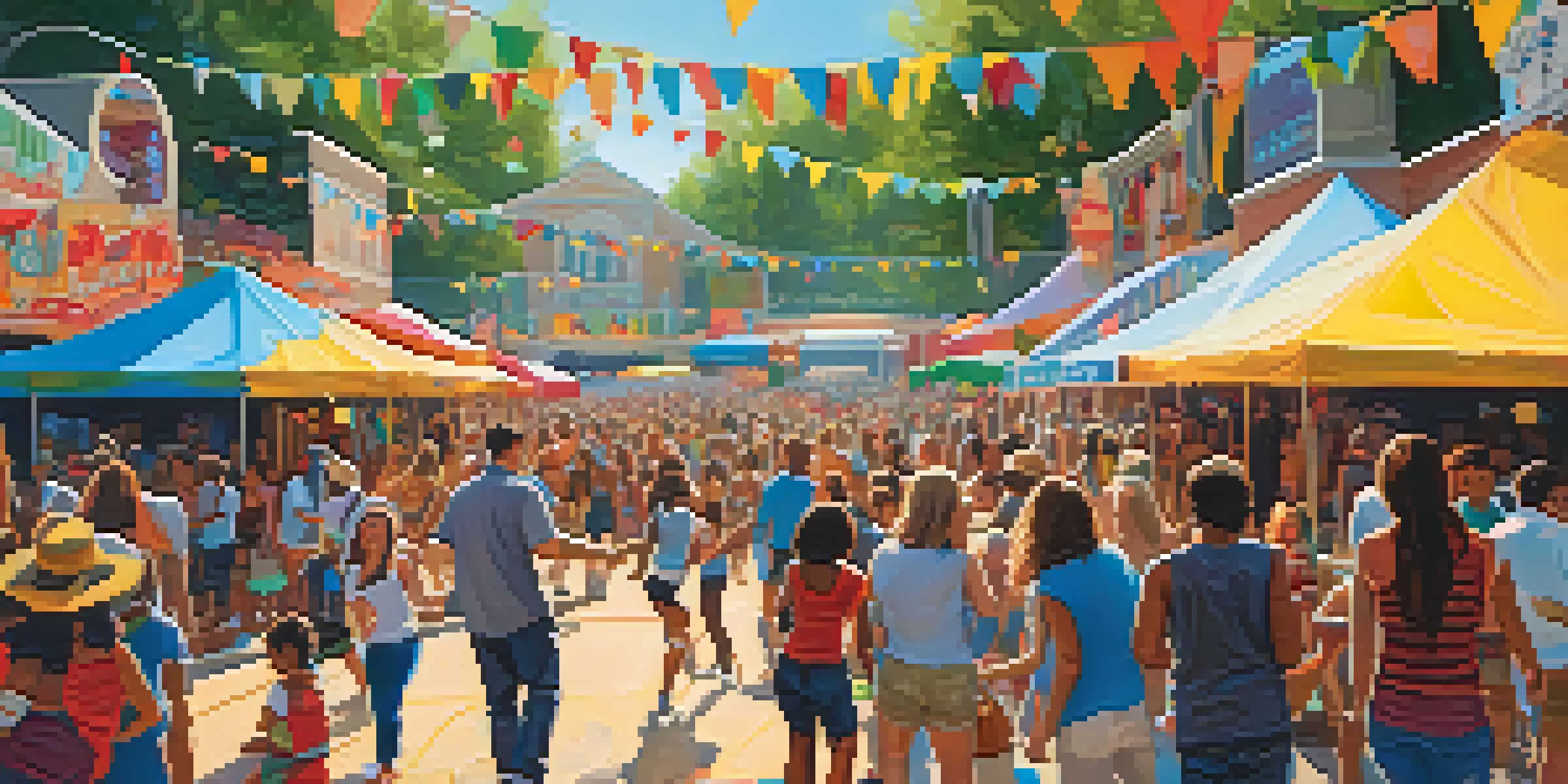 A lively outdoor music festival in Charlotte, North Carolina, with diverse attendees dancing, food trucks, and local artists performing on stage.