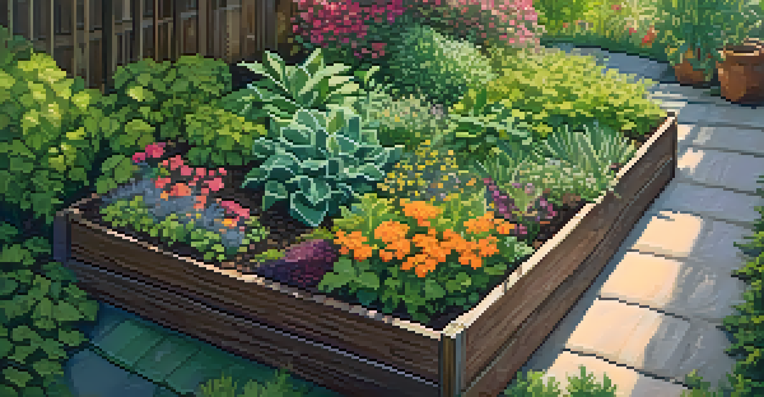 An aerial view of a raised garden bed filled with diverse plants thriving in a humid climate.