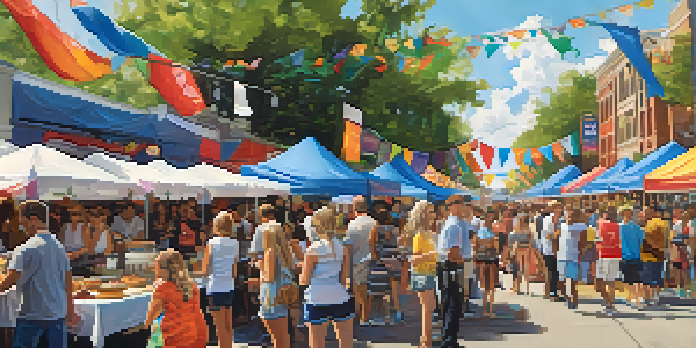 A lively street festival in Charlotte with food stalls, people enjoying meals, and musicians performing under a sunny sky.