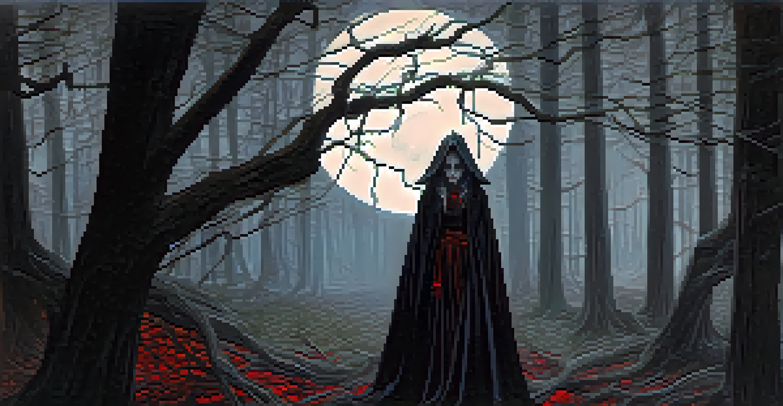 A pale, gaunt figure resembling a vampire stands in a shadowy forest with glowing red eyes and a full moon.