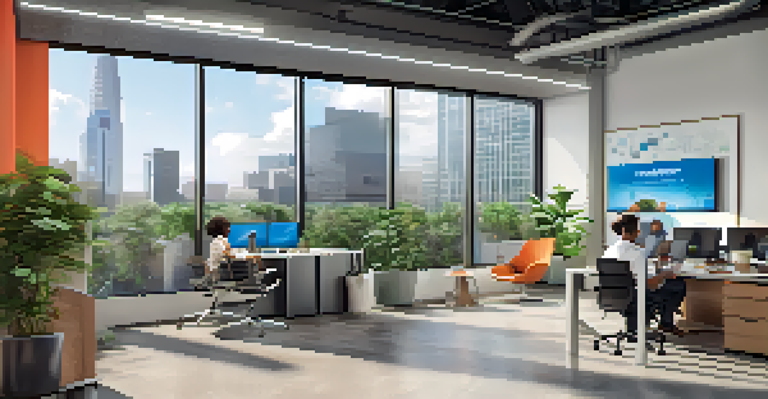 A modern fintech office interior in Charlotte with open workspaces, natural light, and collaborative employees.
