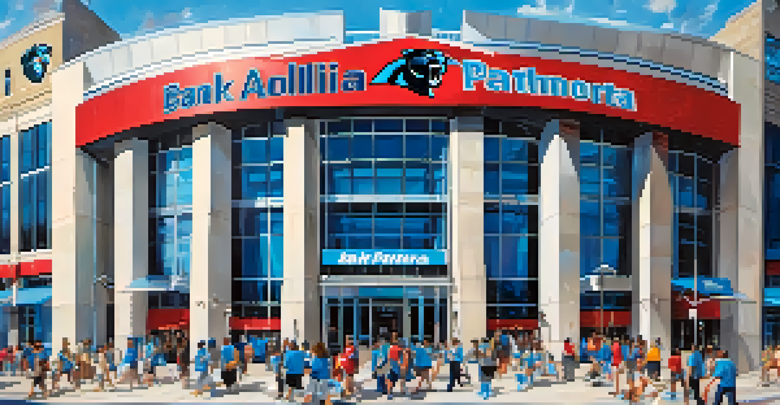 Close-up of the entrance to Bank of America Stadium with fans in team jerseys and vibrant signage.