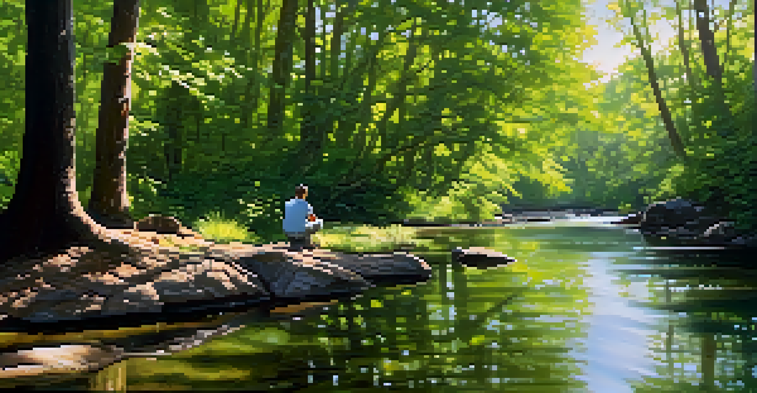 A serene view of McAlpine Creek Park featuring wooded trails, a creek, and families enjoying nature.