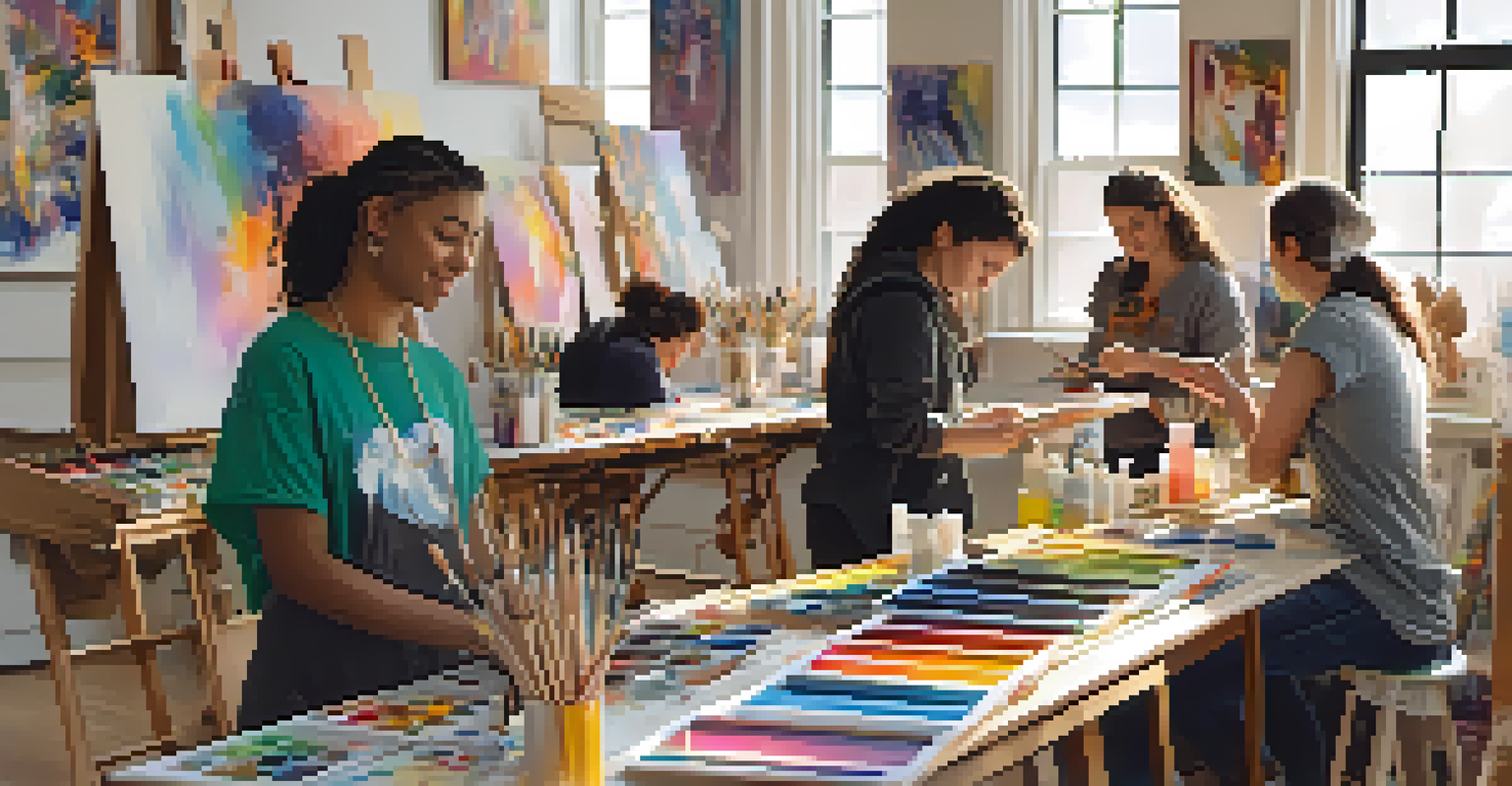 A cozy art workshop with LGBTQ+ youth painting on canvases, surrounded by bright natural light and colorful art supplies.