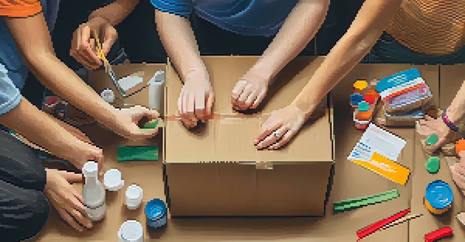 Close-up of hands assembling care packages at a nonprofit, showcasing diverse volunteers in a warm indoor space.