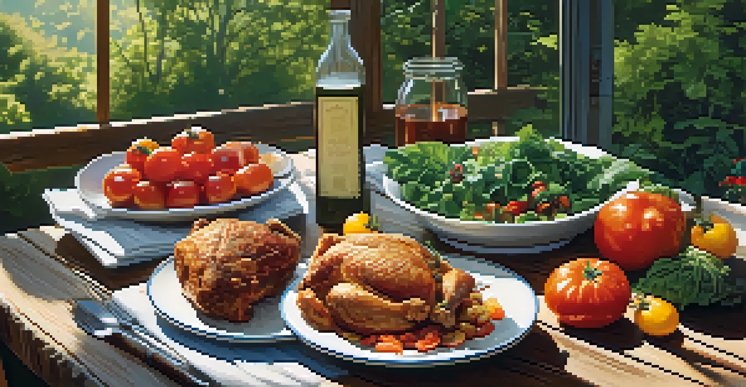 A farm-to-table dining setup with seasonal dishes on a rustic wooden table surrounded by greenery.