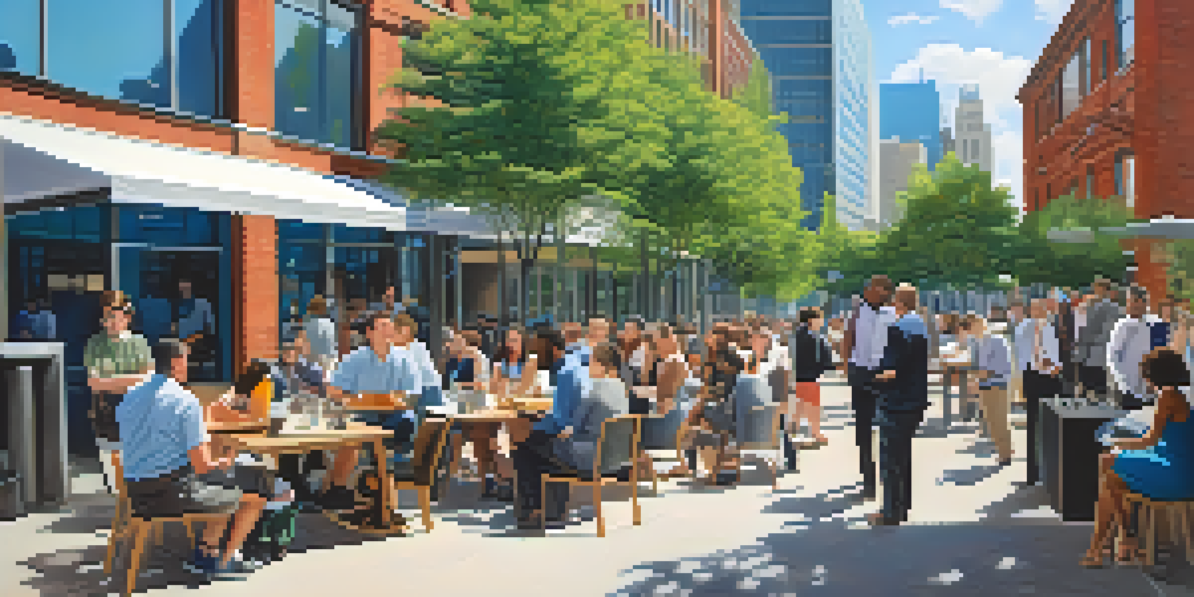 A lively Charlotte street scene with diverse professionals networking outside a modern co-working space against a city skyline.