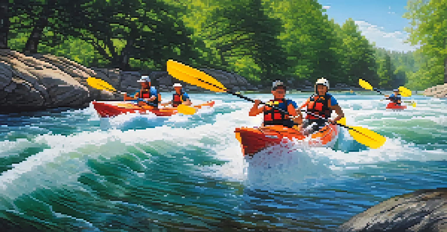 Kayakers navigating rapids in a park, surrounded by greenery and a blue sky.