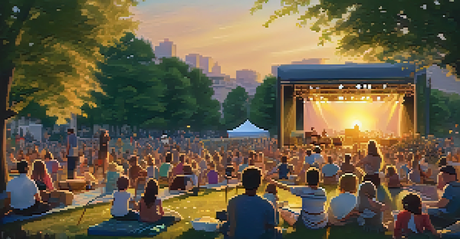 A summer evening concert in a park with a crowd enjoying music, food, and dancing under a beautiful sunset.