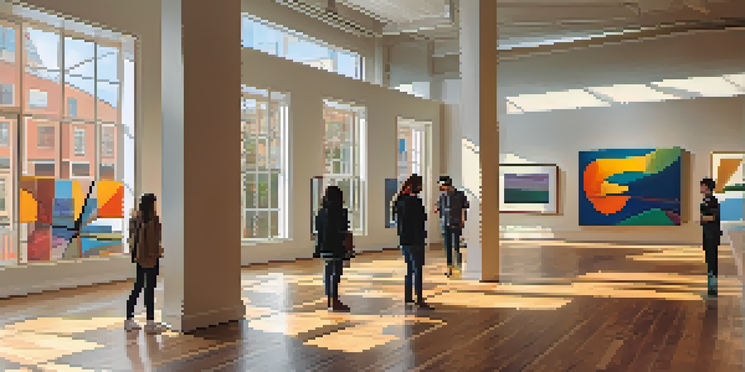 An interior view of a colorful art gallery with visitors engaging with contemporary artworks under natural light.