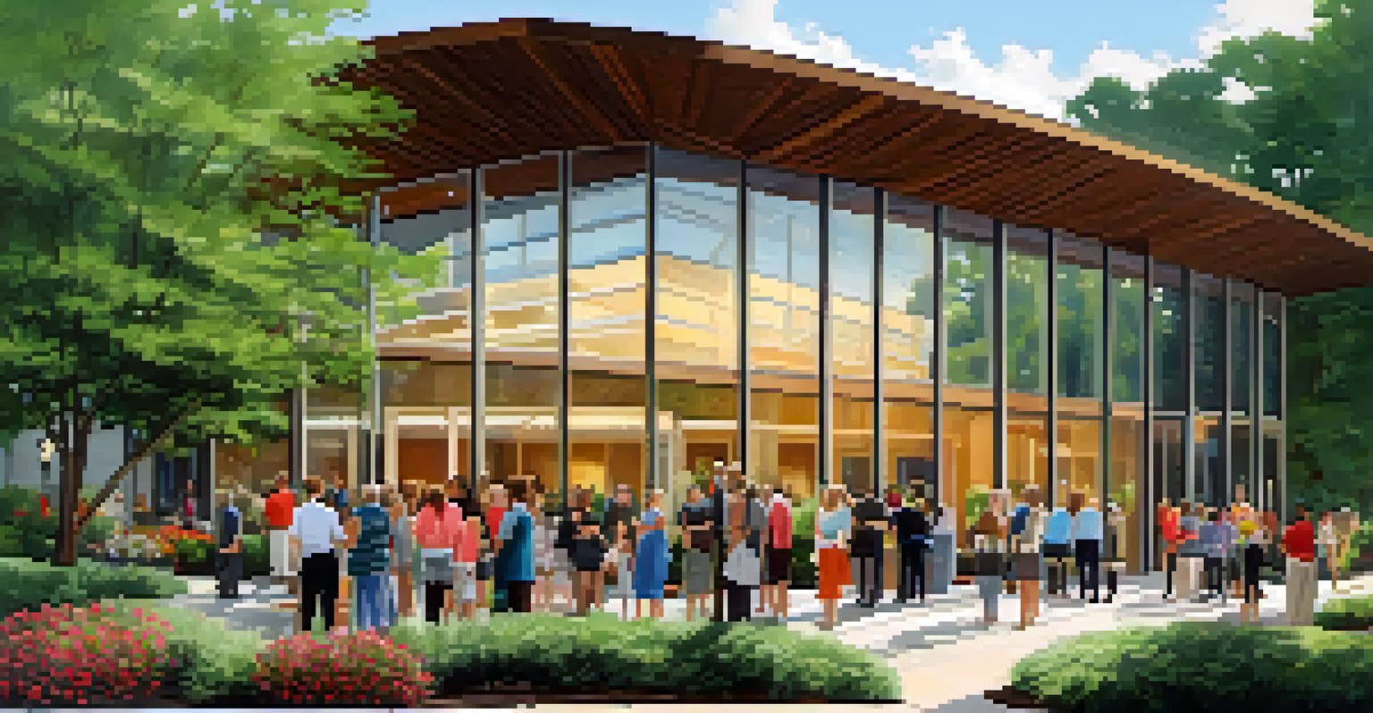 A modern Unitarian Universalist Church with large glass windows, featuring diverse individuals socializing outside in a vibrant green setting.